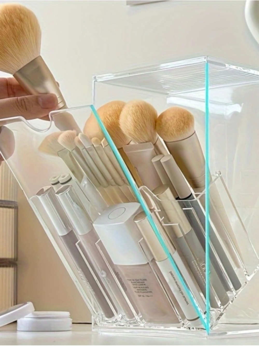 Drop Down Makeup Brush & Cosmetic Organizer - Cream/Beige